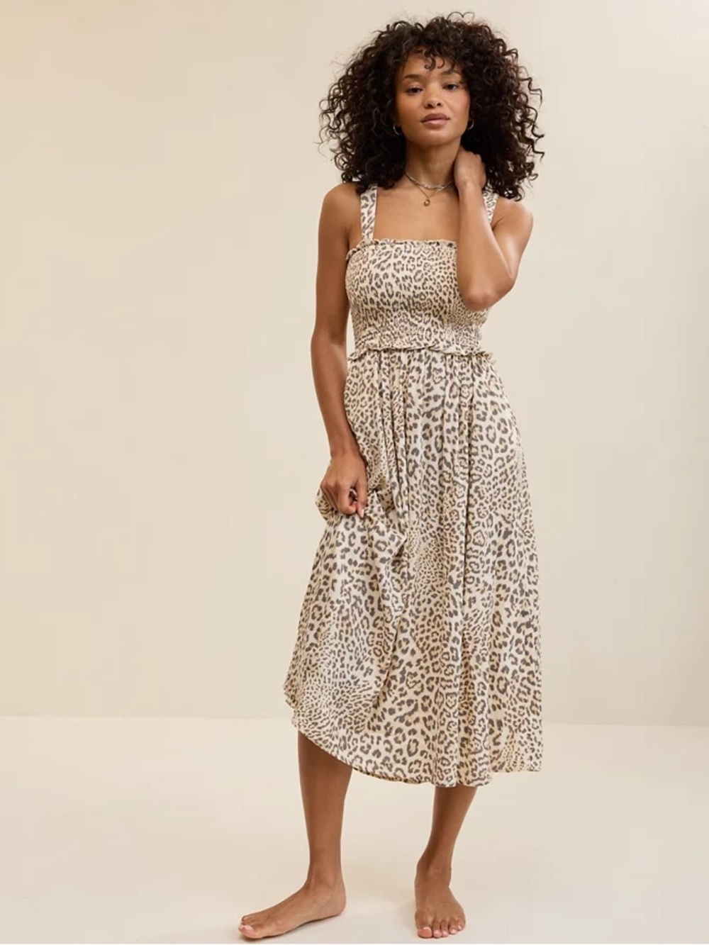 Aerie Leopard Print Smocked Midi Dress